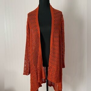Asymmetrical open front knit XL burnt‎ orange cardigan sweater boho witchy flowy